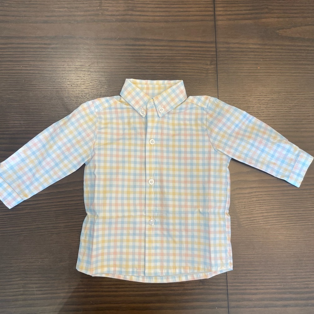 NWOT Stitchy Fish “springtime sunshine shirt, blue” plaid boys dress shirt - 12M